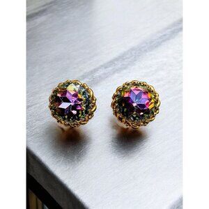 Vtg Schiaparelli Watermelon Rhinestone Clip-On Earrings Gold Tone Signed 1950's